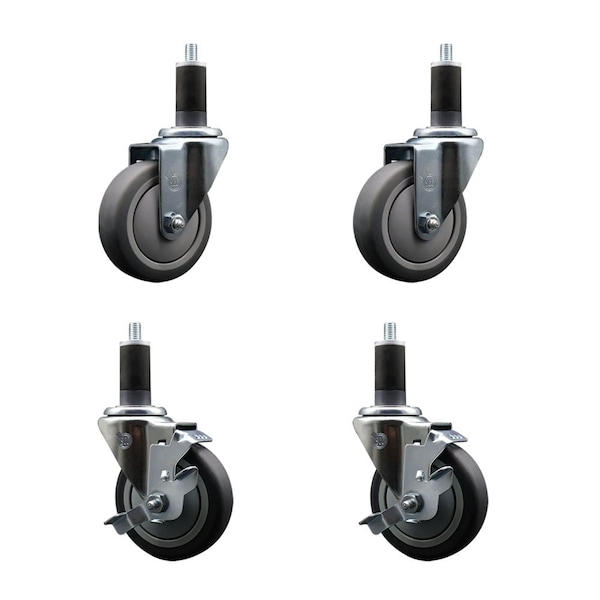 4'' Thermoplastic Rubber Wheel Swivel 1-1/4'' Expanding Stem Caster Set 2 Brakes, 4PK